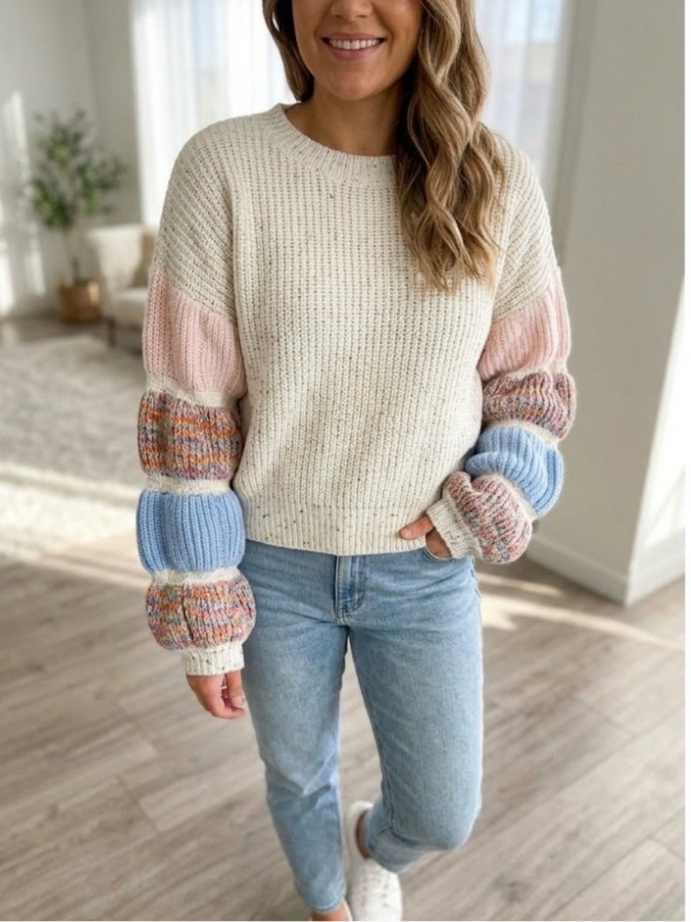SHEIN Cream Crewneck Sweater with Pink and Blue Balloon Sleeves